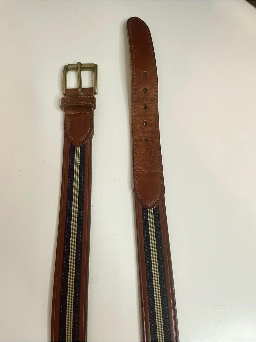 BB Classic Brown Leather Men’s Belt with Navy & Cream Stripe